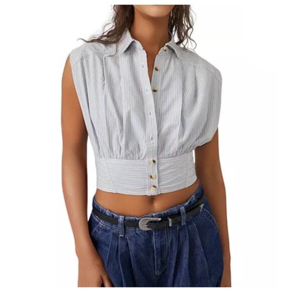 ⭐️ 3/$20 Free People Cassie Button Up Crop Top Large Smocked Stripe Summer - Picture 3 of 12